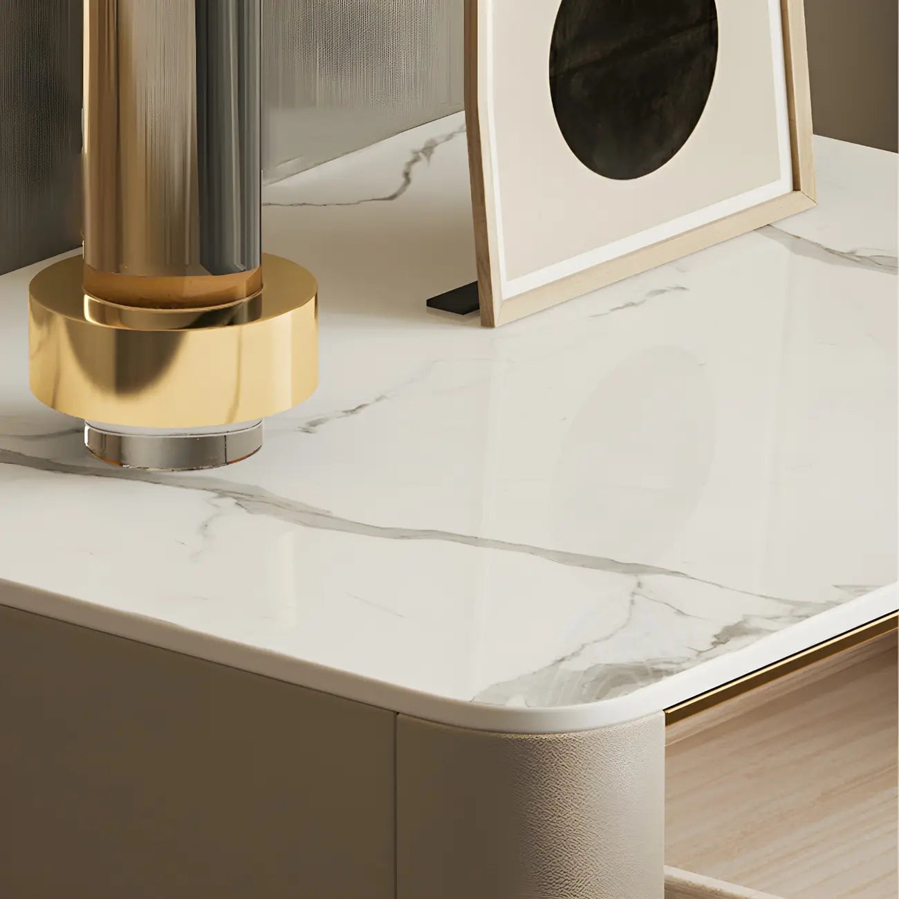 Table de chevet flottante basse en cuir beige avec plateau en pierre et tiroir
