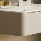 Table de chevet flottante basse en cuir beige avec plateau en pierre et tiroir