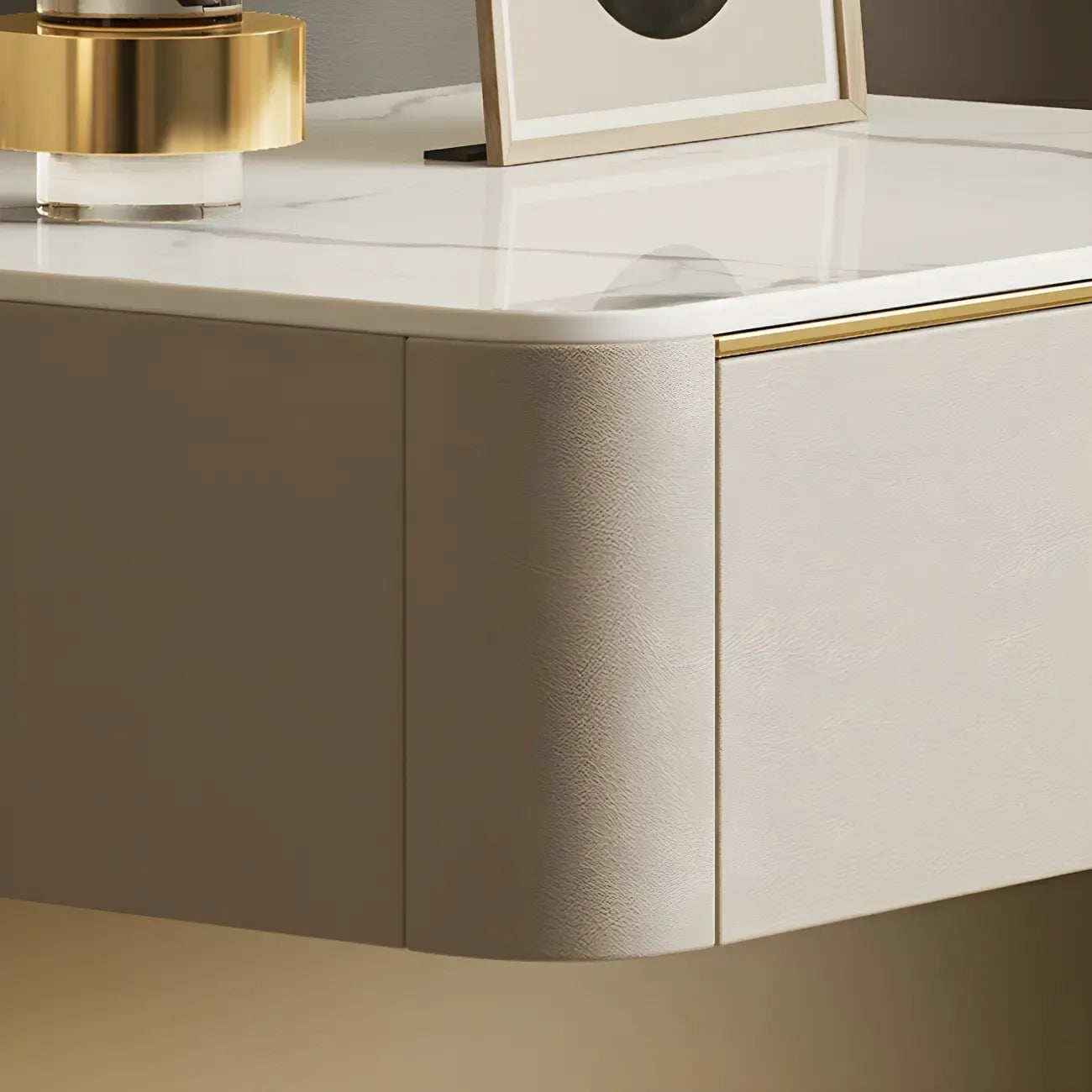 Table de chevet flottante basse en cuir beige avec plateau en pierre et tiroir