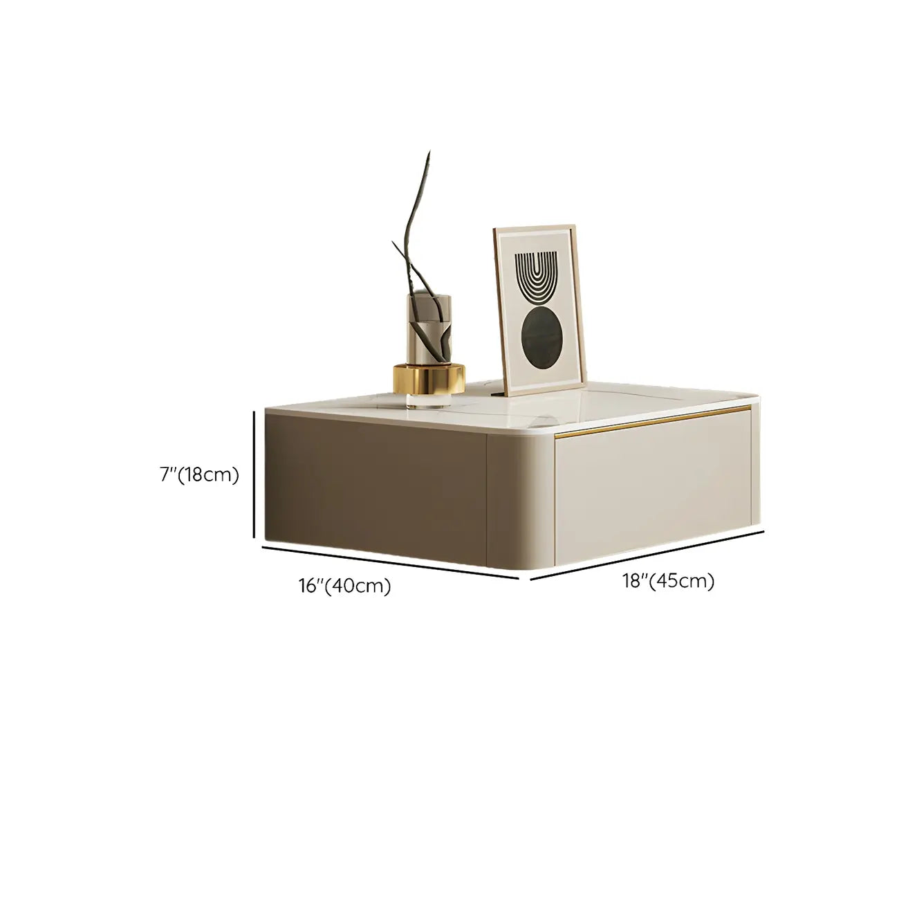 Table de chevet flottante basse en cuir beige avec plateau en pierre et tiroir