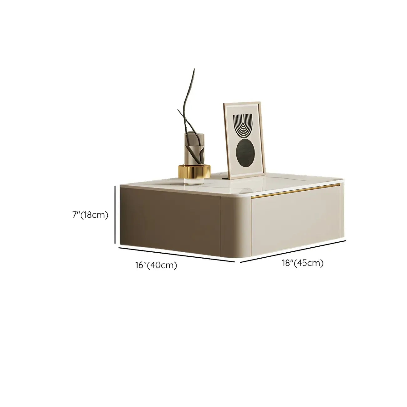 Table de chevet flottante basse en cuir beige avec plateau en pierre et tiroir