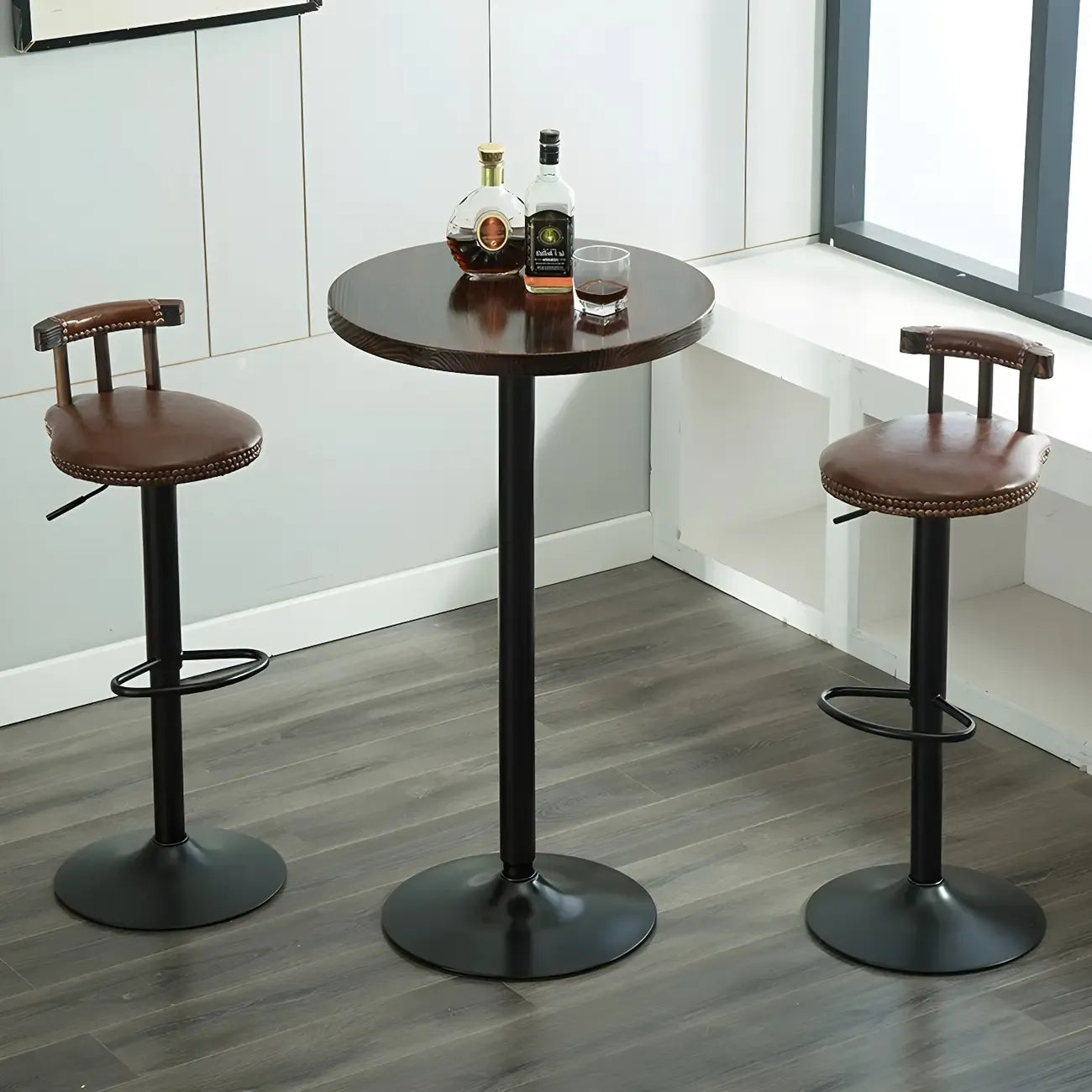 Table basse ronde minimaliste en bois et métal avec piédestal