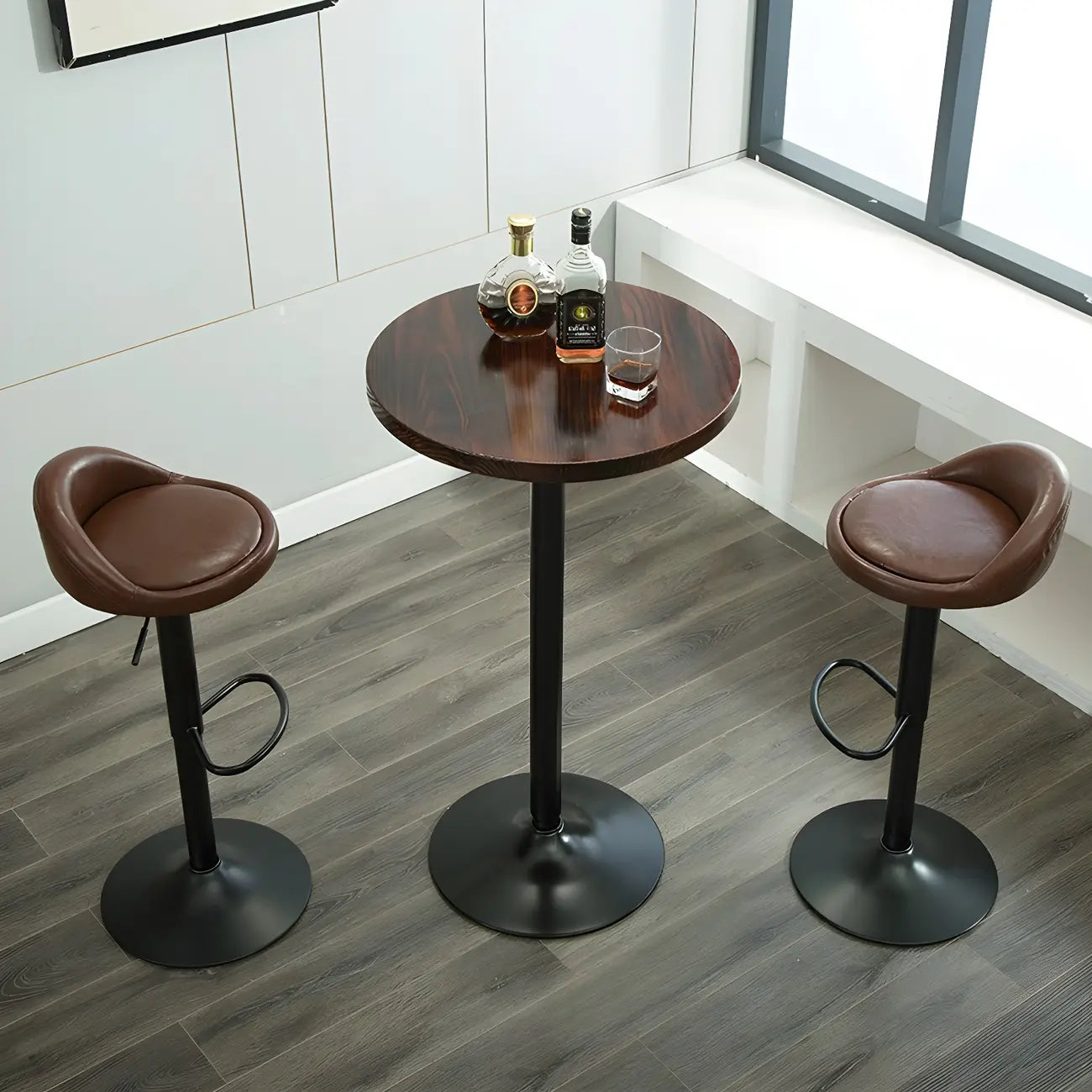 Table basse ronde minimaliste en bois et métal avec piédestal