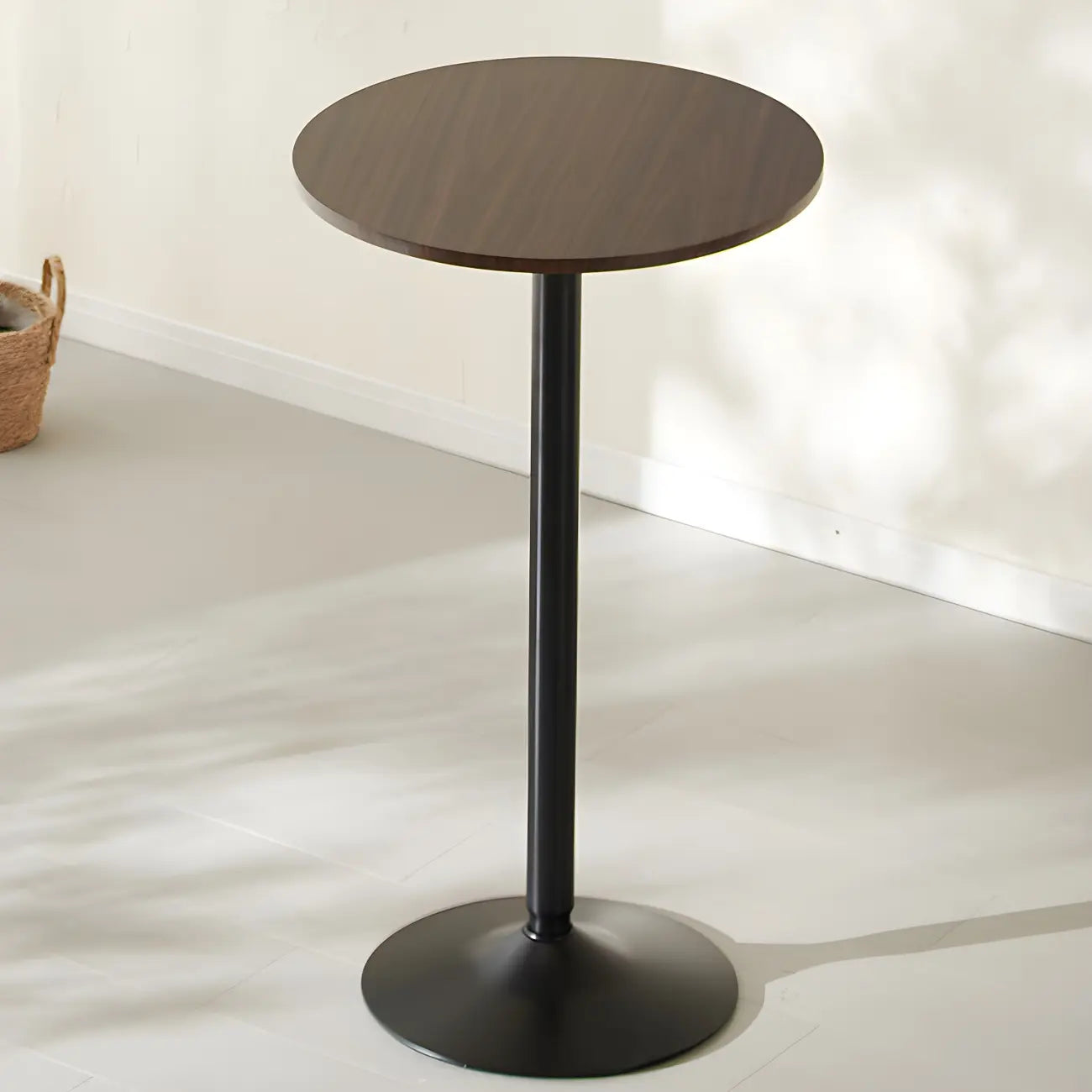 Table basse ronde minimaliste en bois et métal avec piédestal