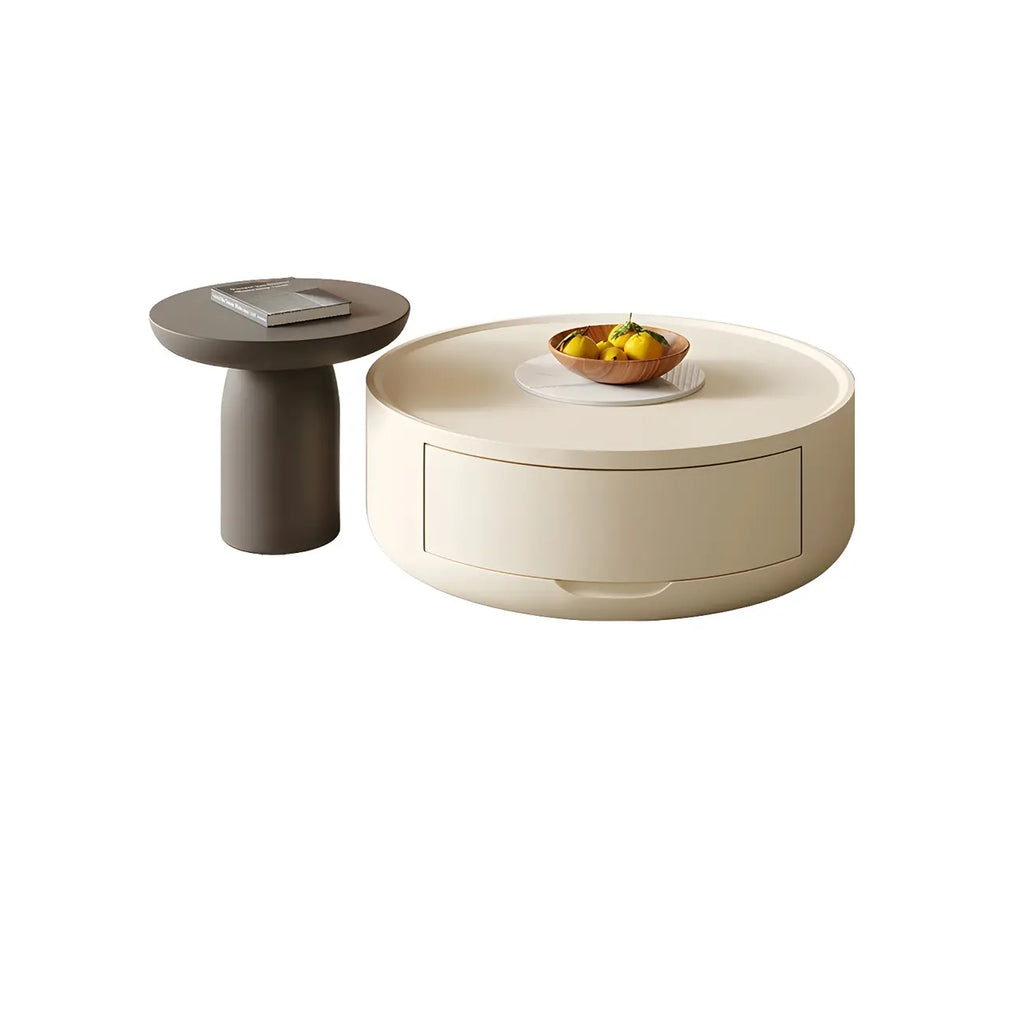 Table basse ronde et élégante en bois blanc avec tiroir