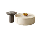 Table basse ronde et élégante en bois blanc avec tiroir