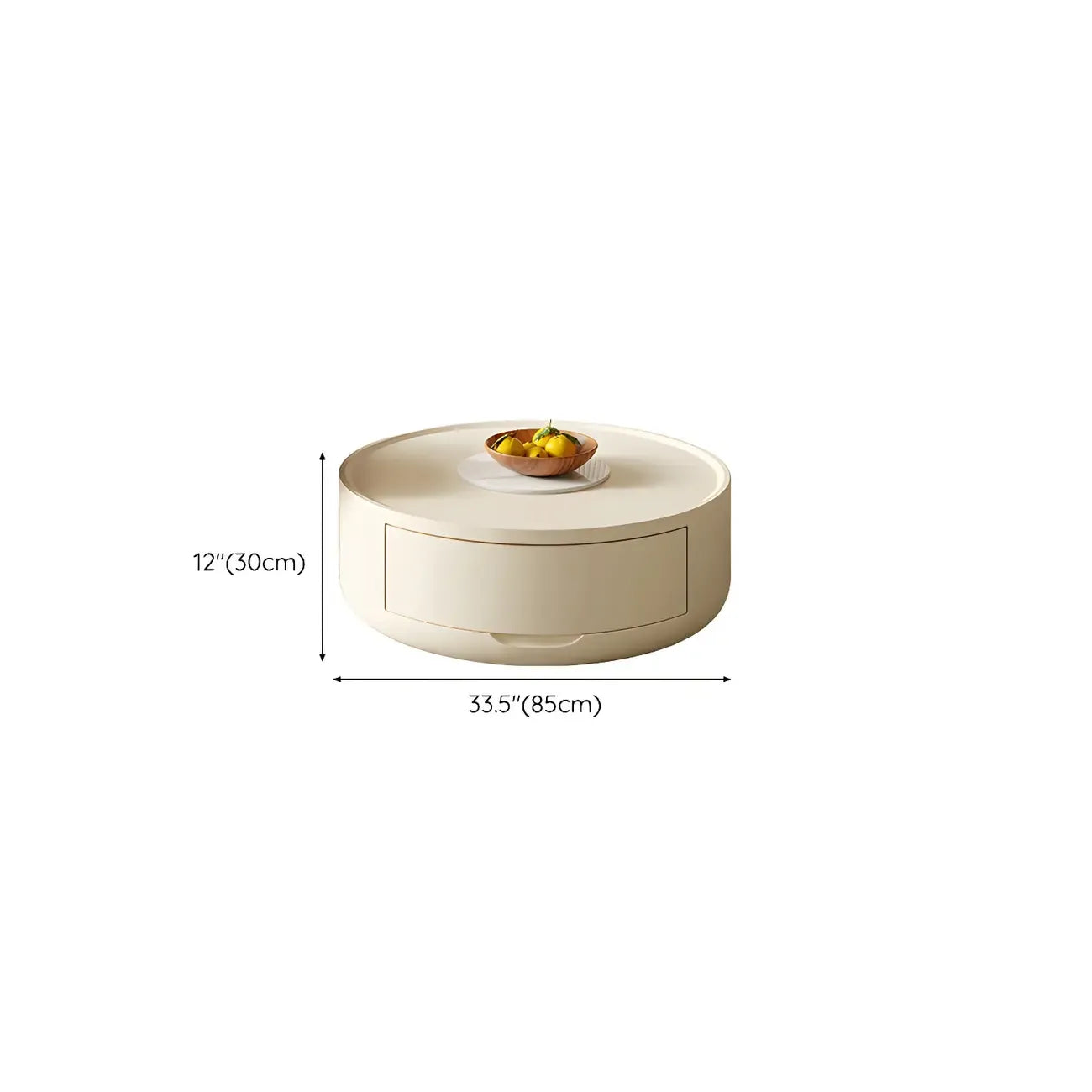 Table basse ronde et élégante en bois blanc avec tiroir