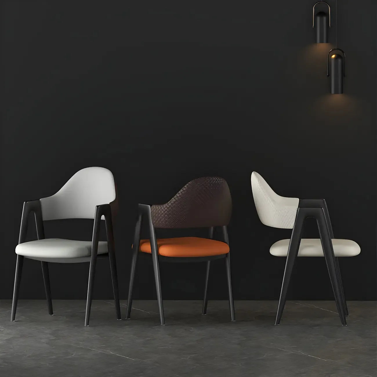 Chaise de salle à manger moderne en cuir avec dossier incurvé et accoudoirs ouverts