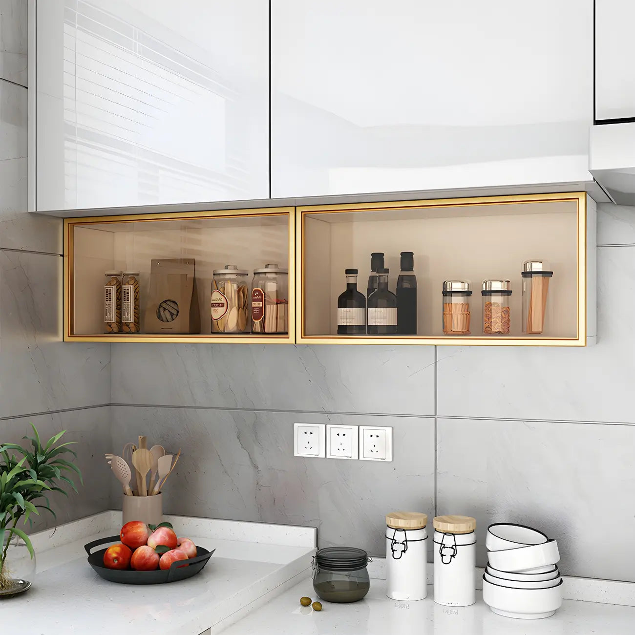 vaisselier mural en bois pour cuisine avec porte vitrée