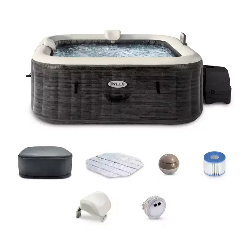 Intex PureSpa Plus Greystone 4 Person Inflatable Square Hot Tub Spa, 83 x 28