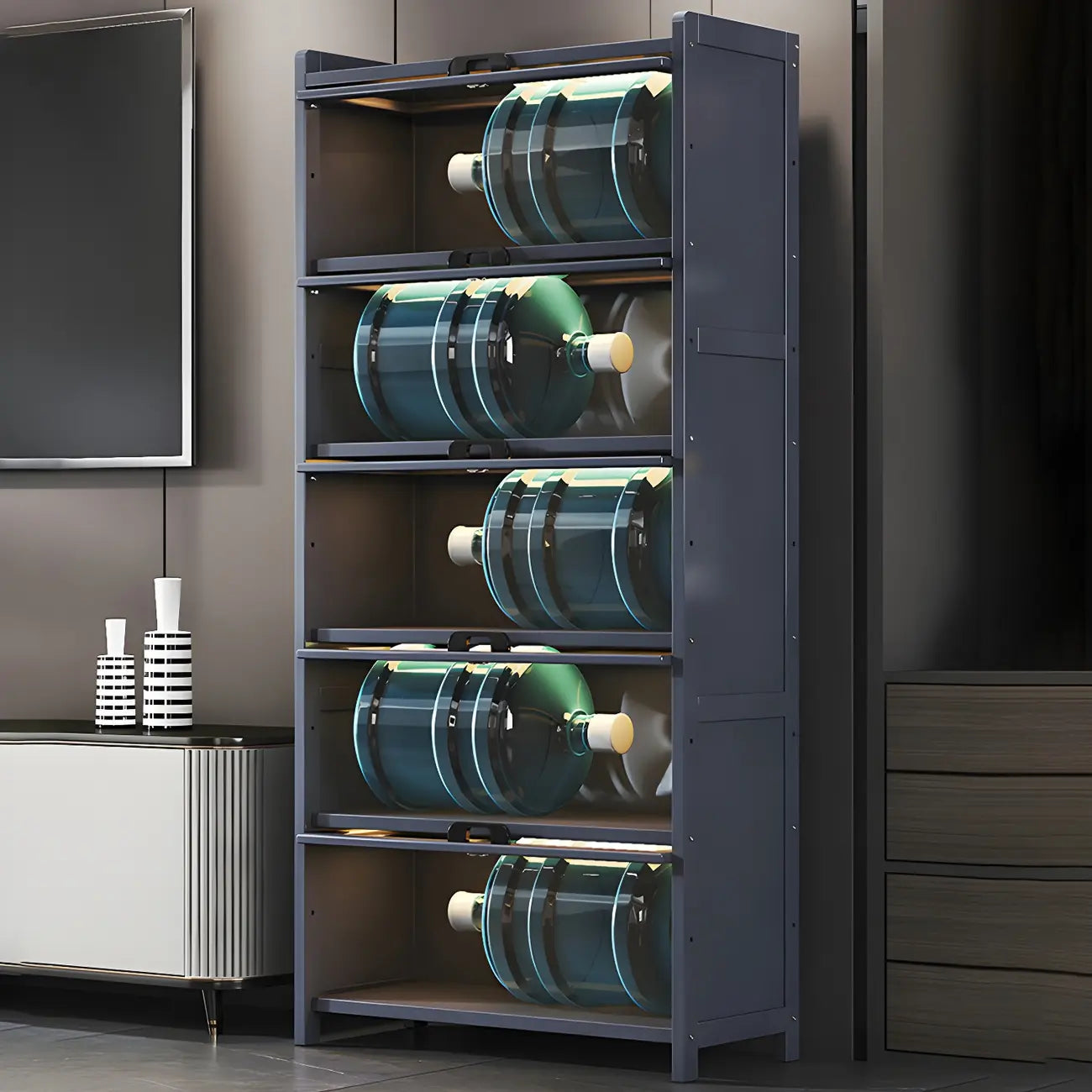Vitrine moderne en bambou gris pour salon