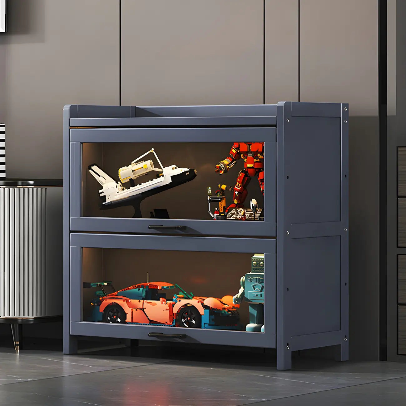 Vitrine moderne en bambou gris pour salon