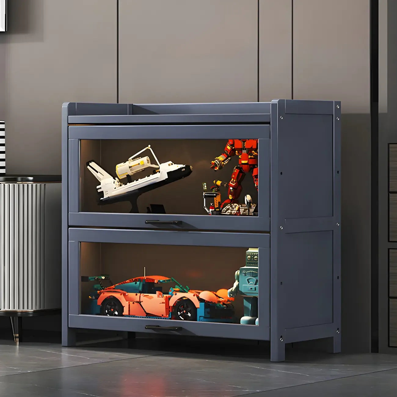 Vitrine moderne en bambou gris pour salon