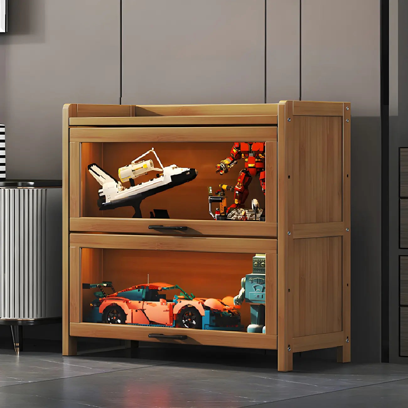 Vitrine moderne en bambou gris pour salon