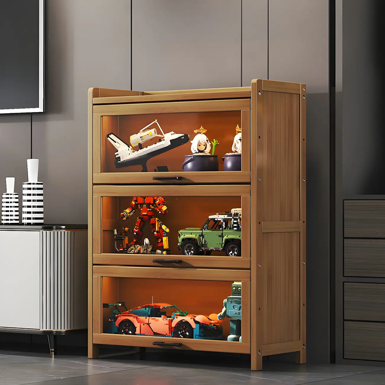 Vitrine moderne en bambou gris pour salon