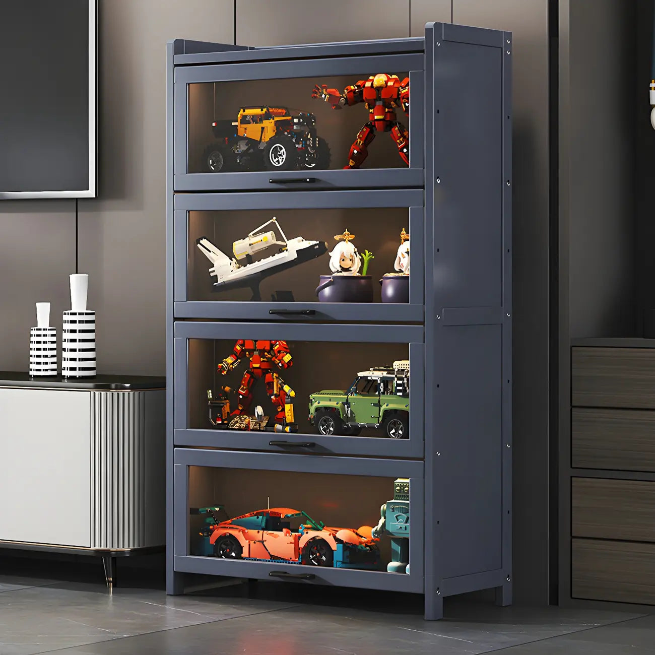 Vitrine moderne en bambou gris pour salon