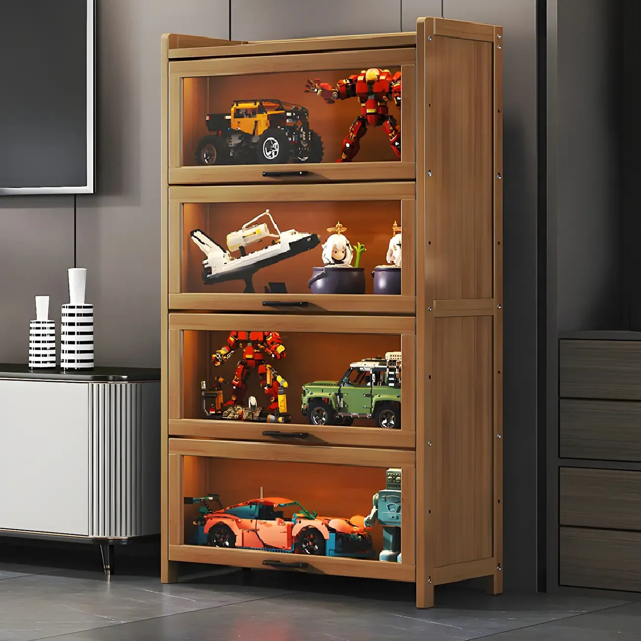 Vitrine moderne en bambou gris pour salon