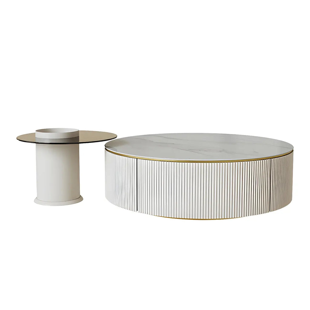 Table basse ronde en bois blanc avec tiroir relevable