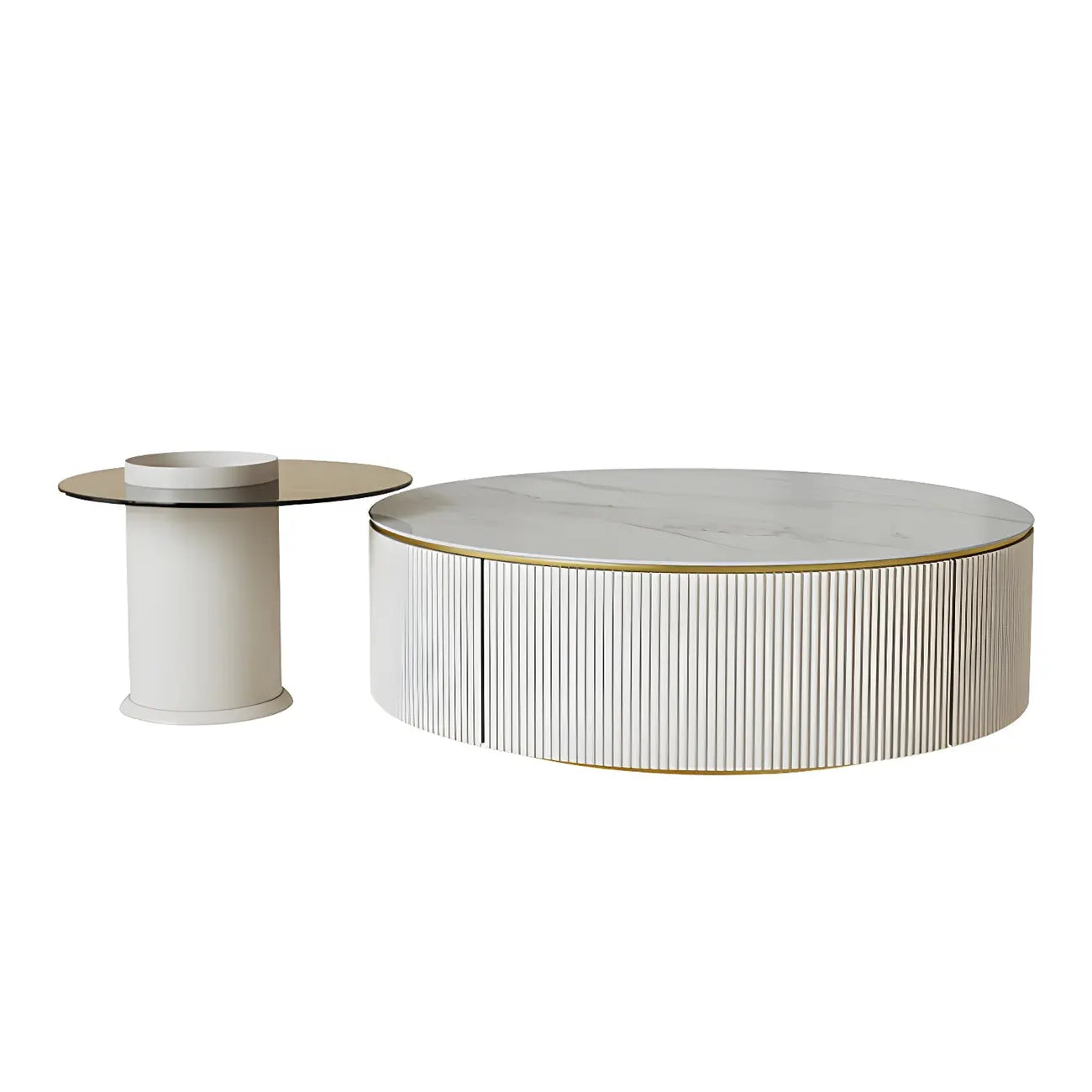 Table basse ronde en bois blanc avec tiroir relevable