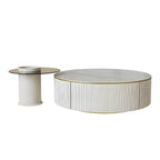 Table basse ronde en bois blanc avec tiroir relevable