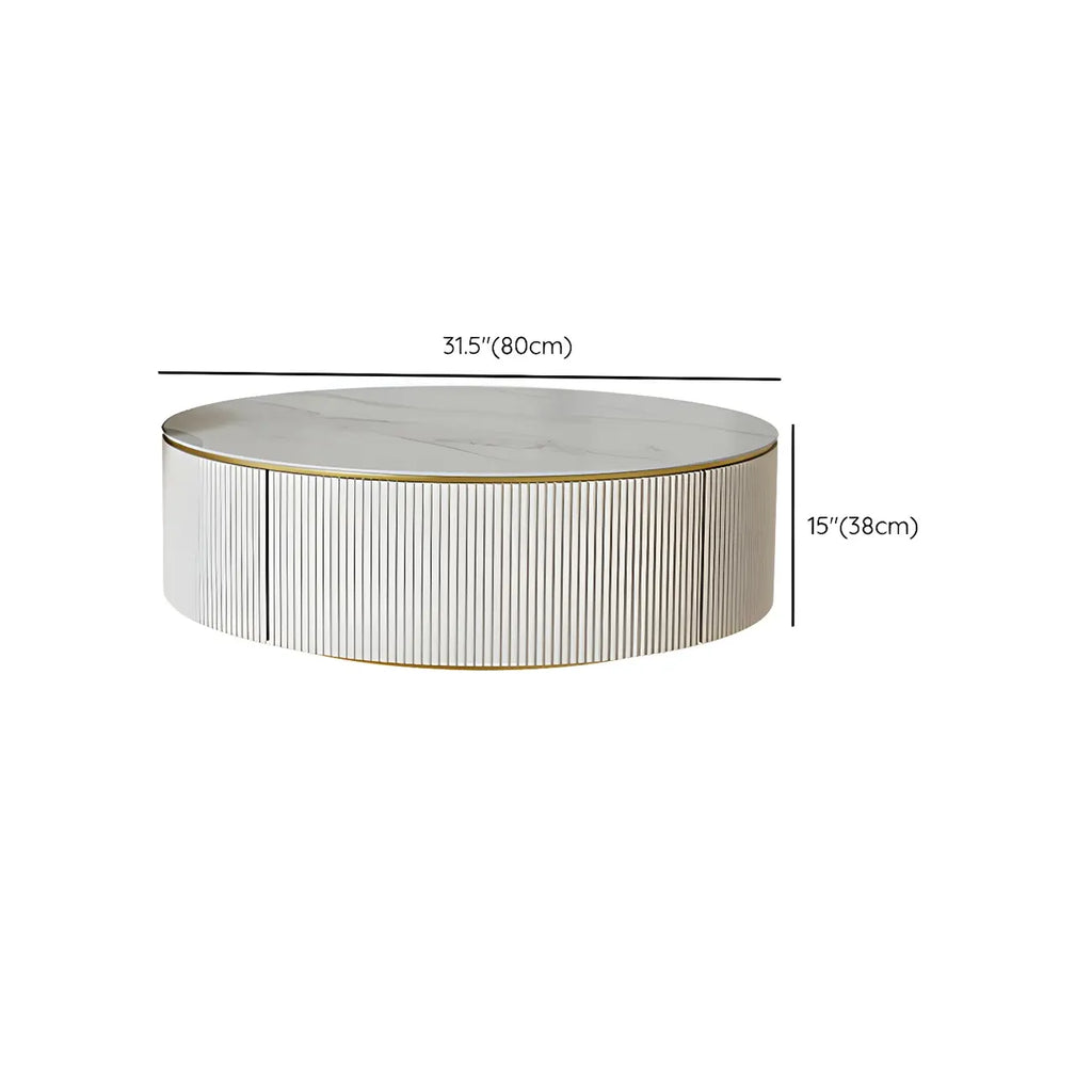 Table basse ronde en bois blanc avec tiroir relevable