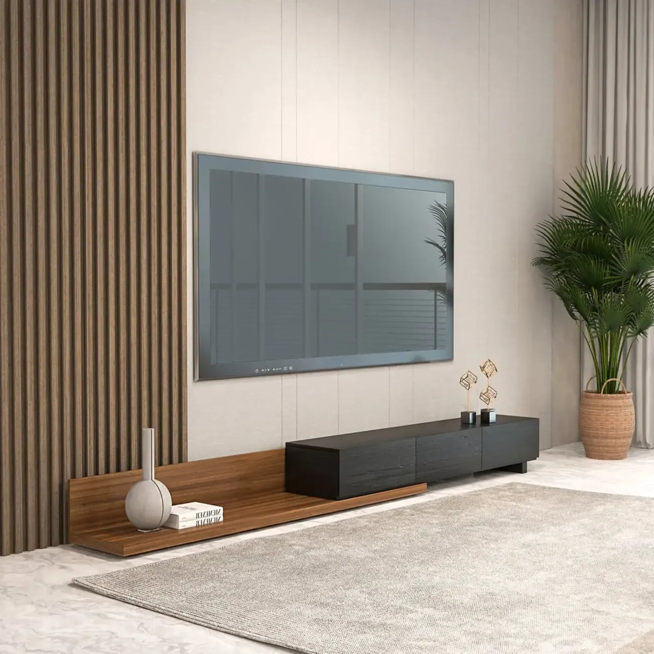 Meuble TV extensible en noyer avec 3 tiroirs