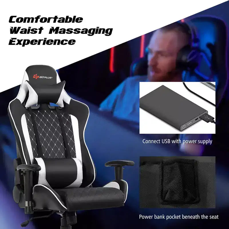 Sedia da Gaming con Massaggio Costway, Sedia da Corsa Reclinabile con Supporto Lombare e Poggiatesta Bianco/Blu/Rosa/Rosso