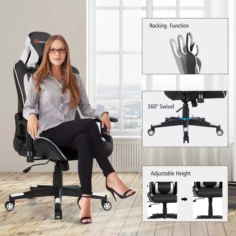 Sedia da Gaming con Massaggio Costway, Sedia da Corsa Reclinabile con Supporto Lombare e Poggiatesta Bianco/Blu/Rosa/Rosso