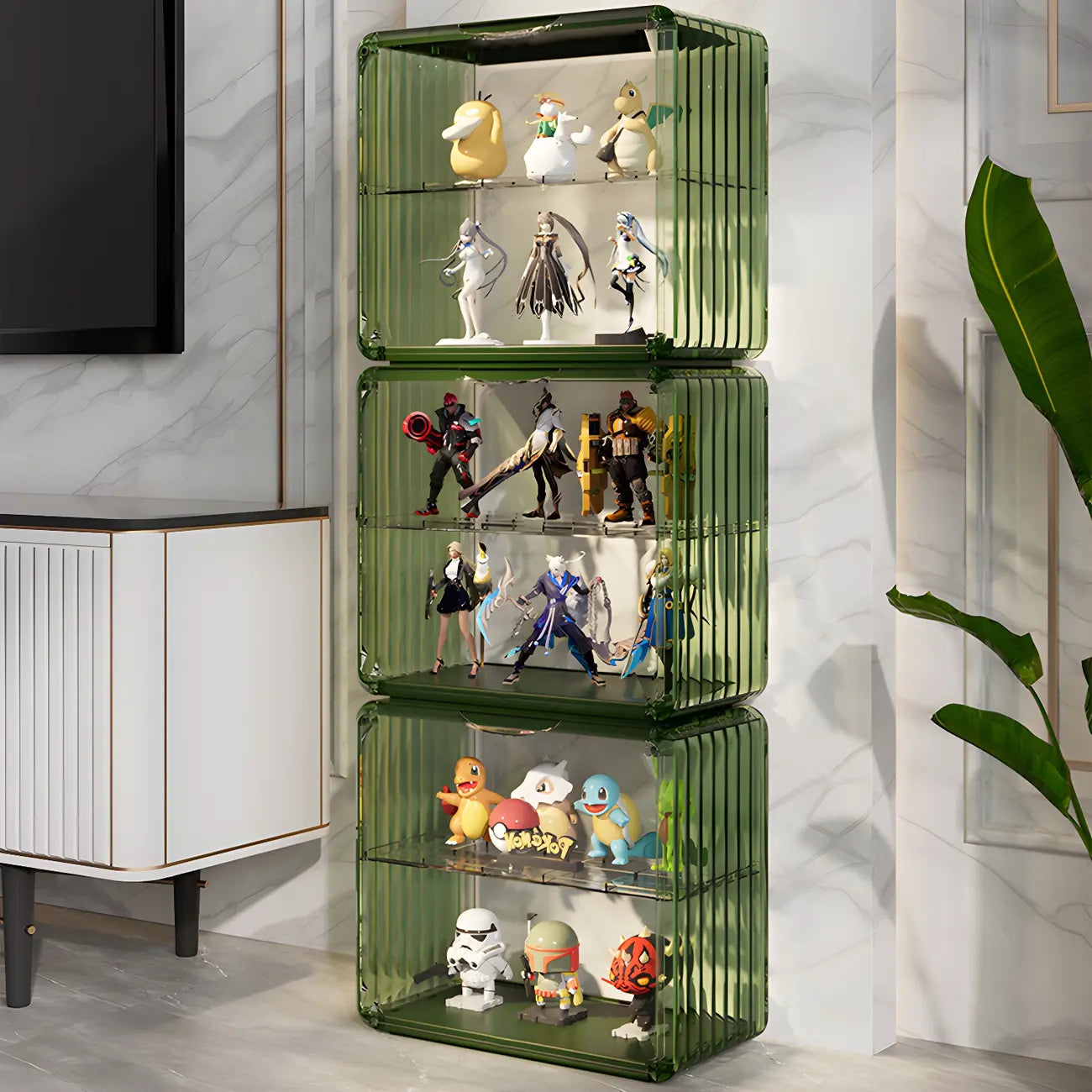 Vitrine empilable en acrylique transparent pour salon
