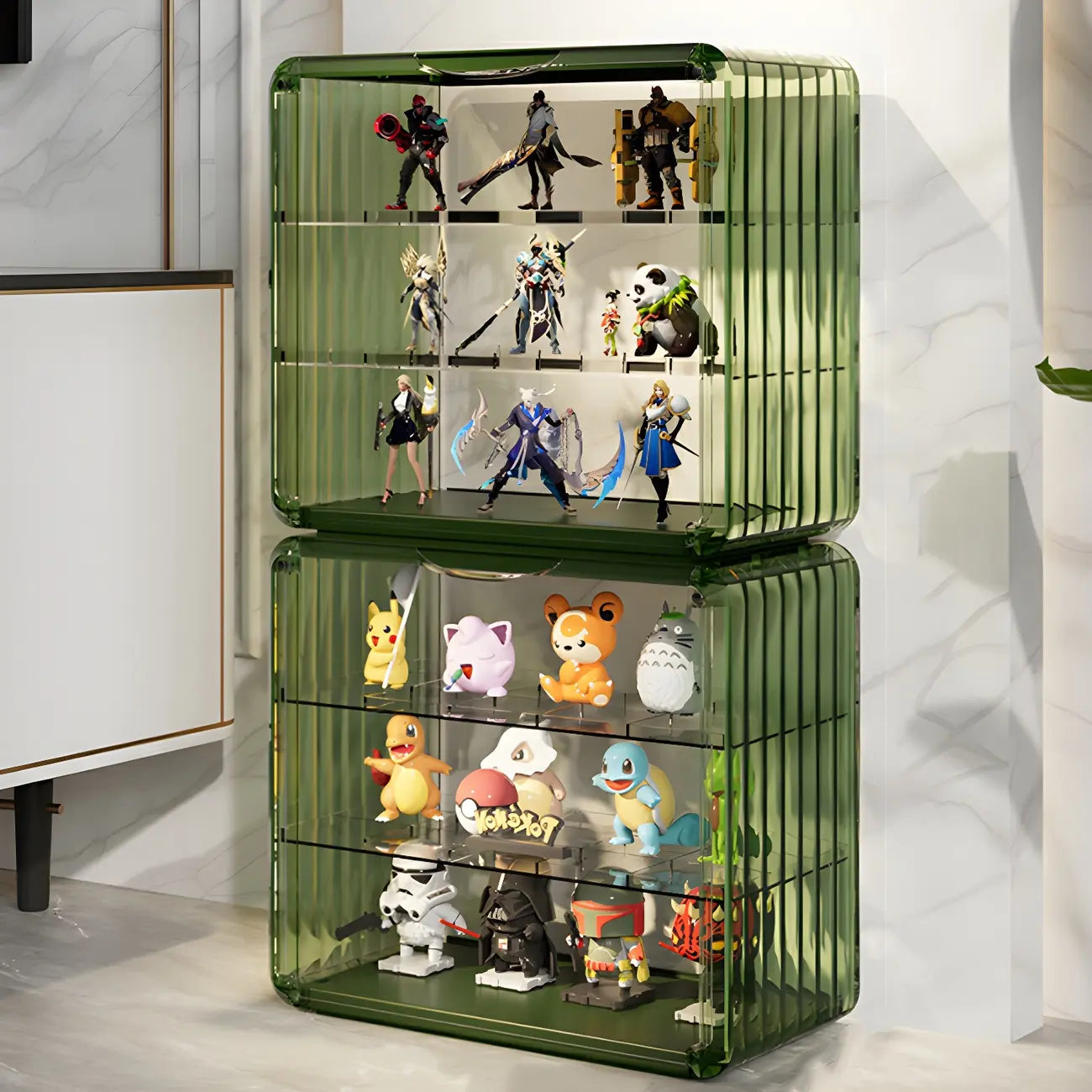 Vitrine empilable en acrylique transparent pour salon