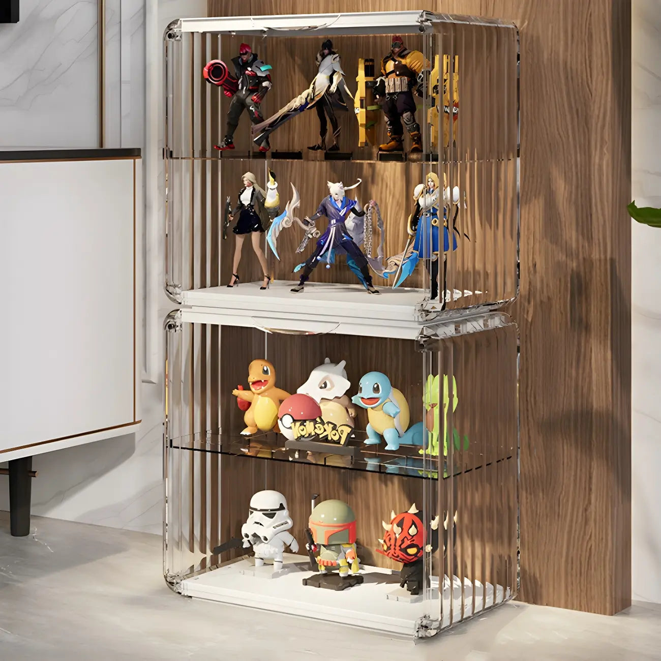 Vitrine empilable en acrylique transparent pour salon