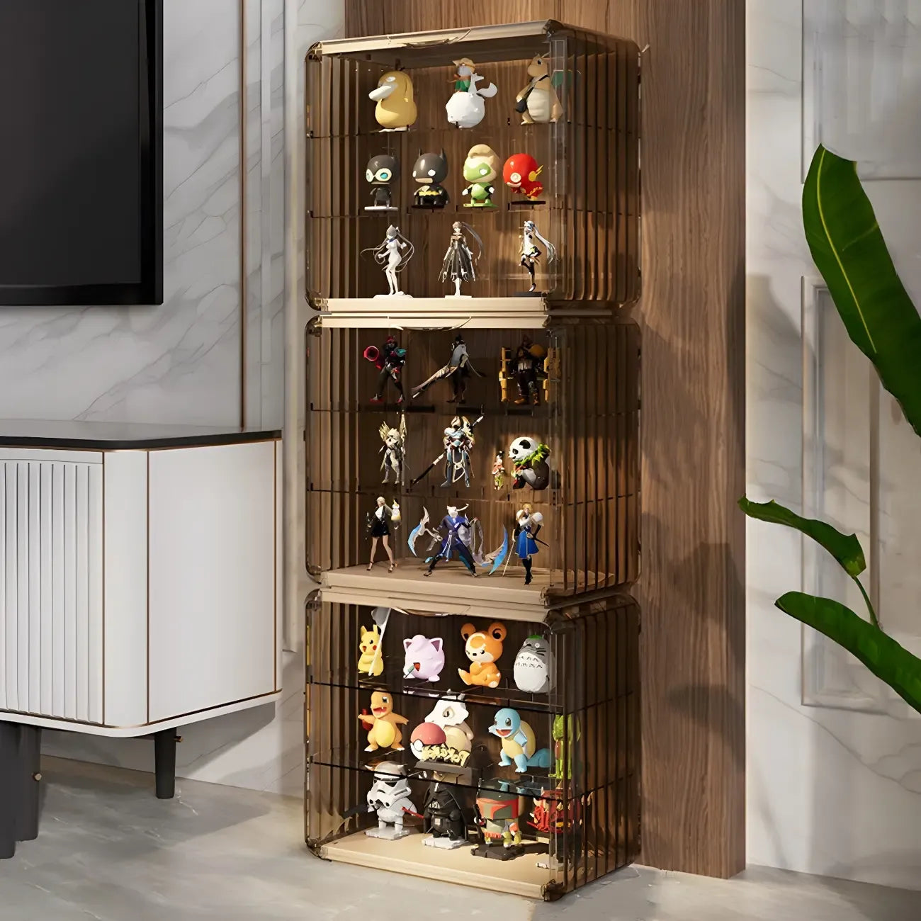 Vitrine empilable en acrylique transparent pour salon