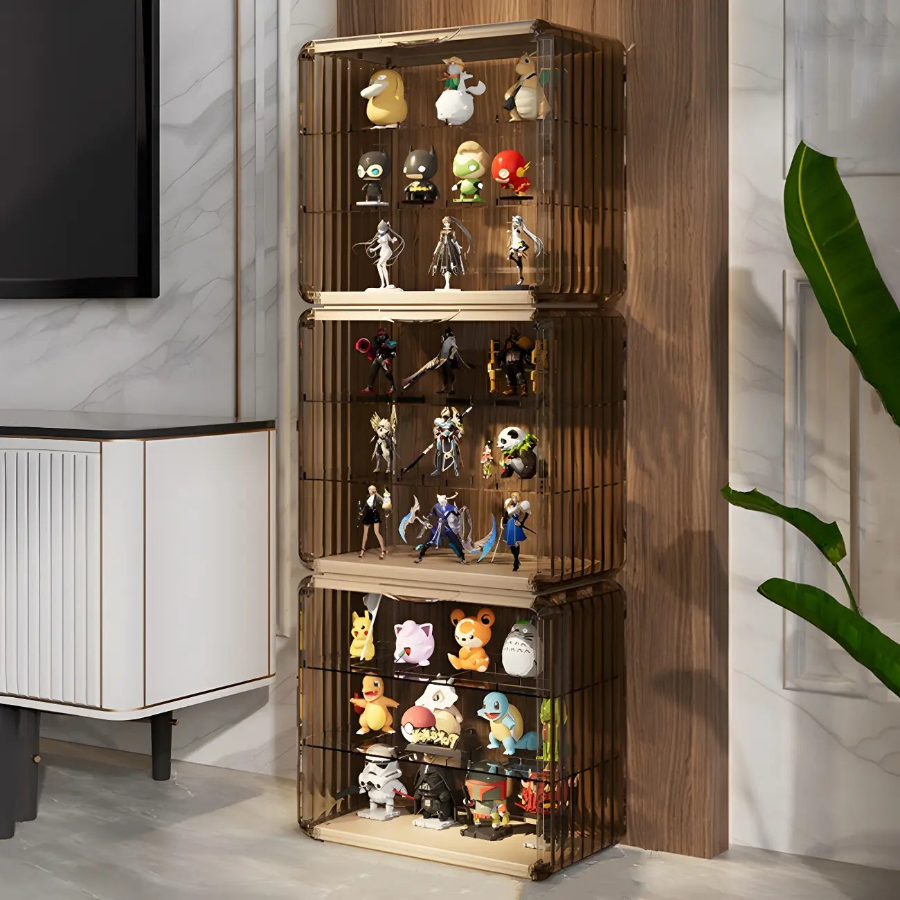 Vitrine empilable en acrylique transparent pour salon