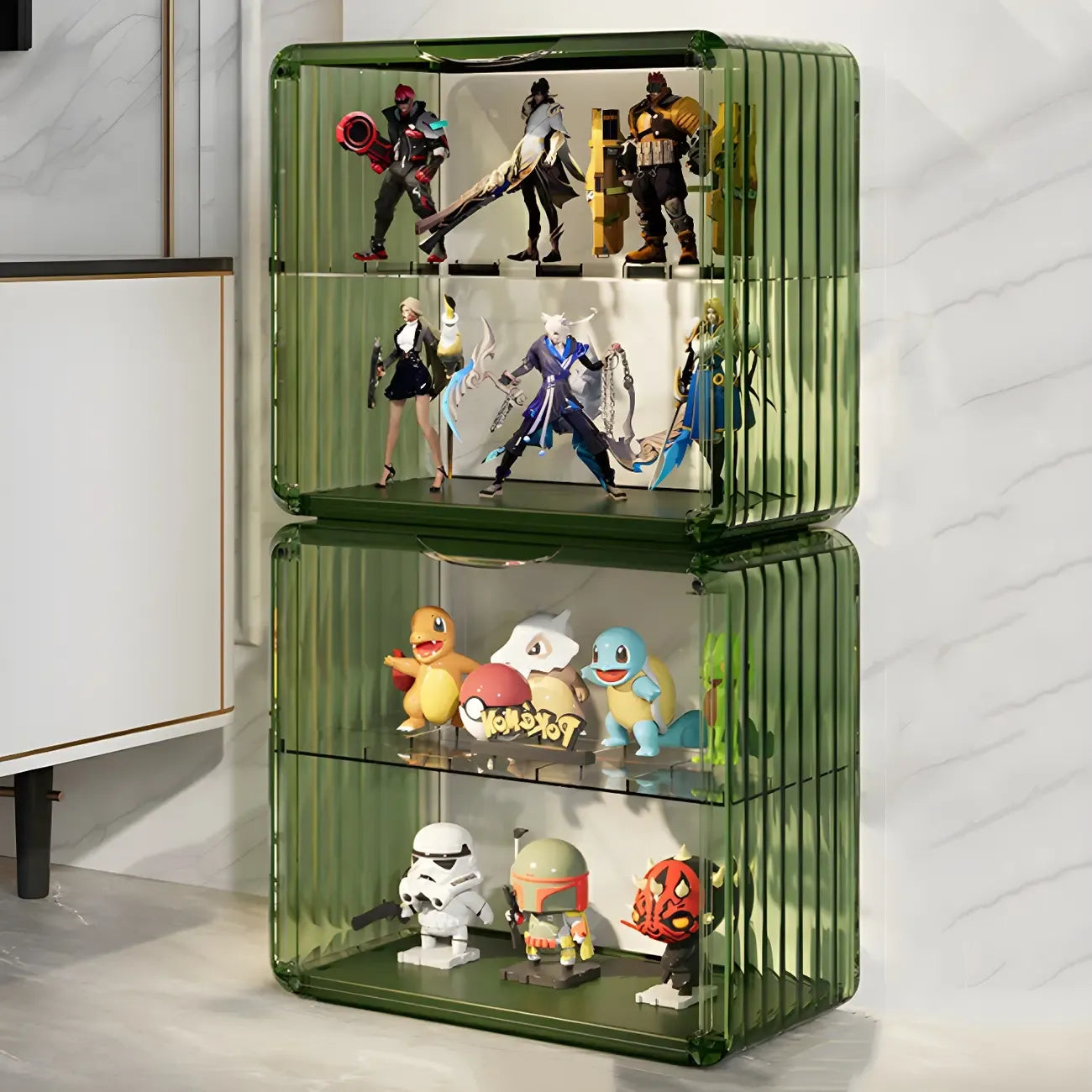 Vitrine empilable en acrylique transparent pour salon