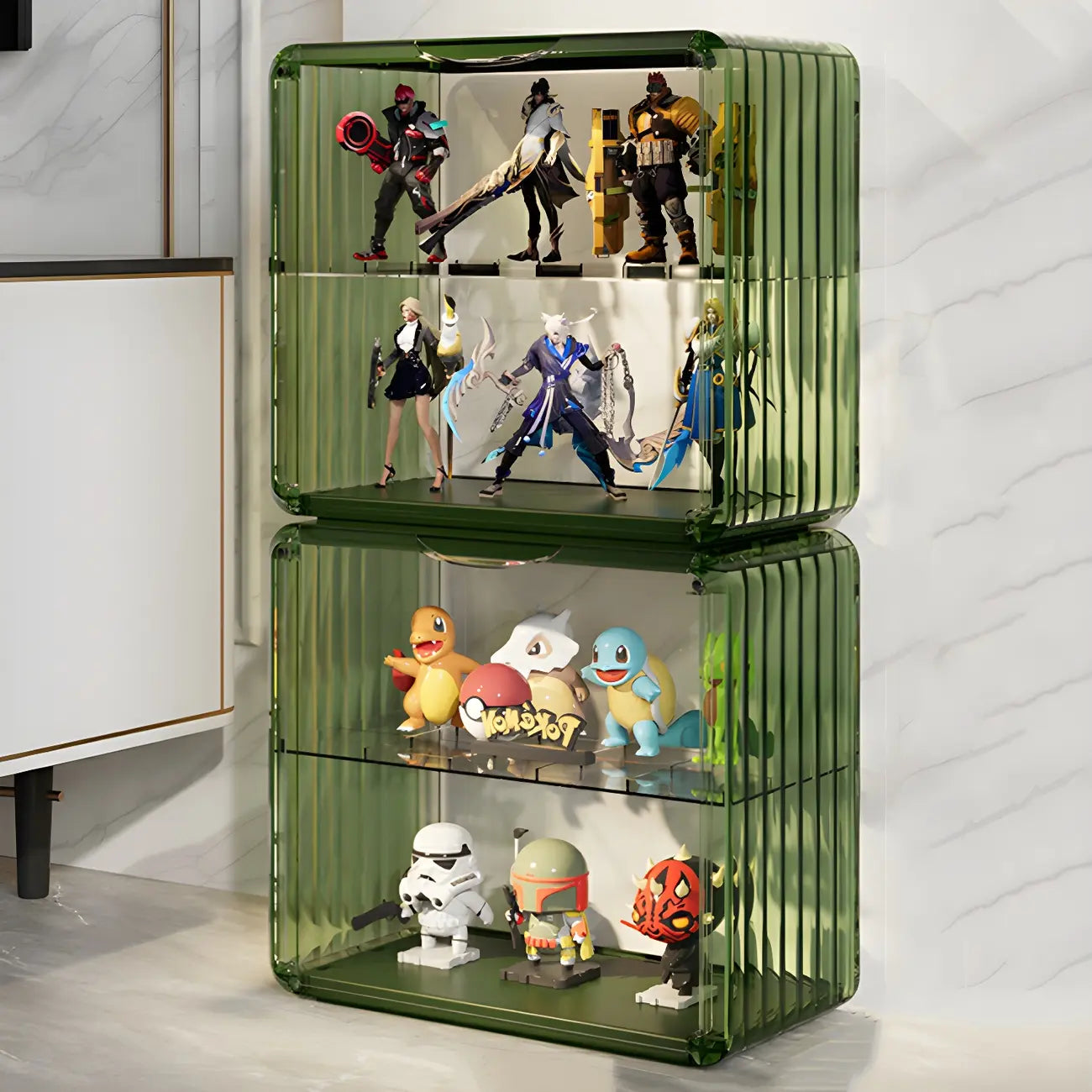 Vitrine empilable en acrylique transparent pour salon