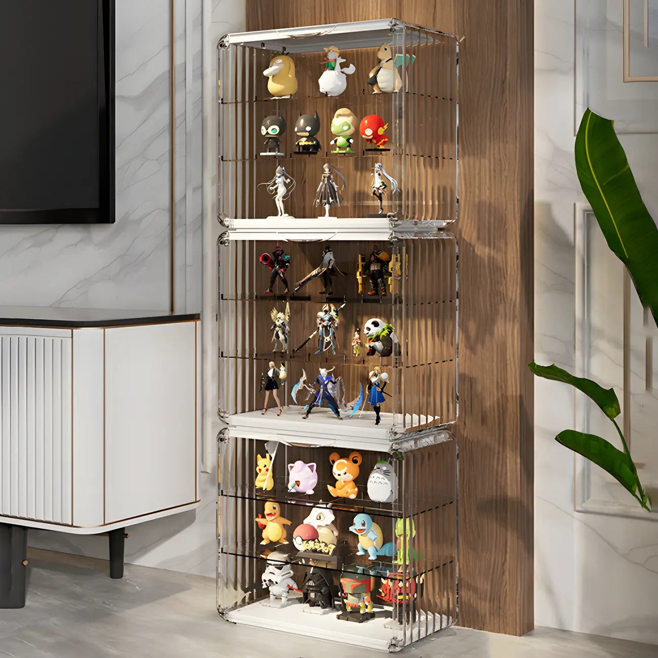 Vitrine empilable en acrylique transparent pour salon