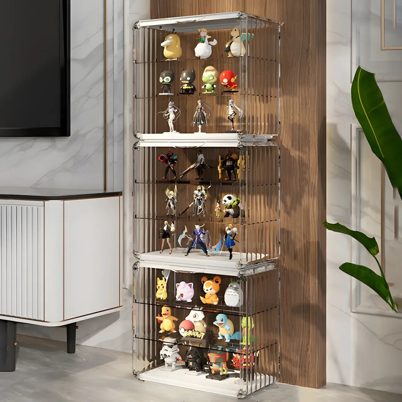 Vitrine empilable en acrylique transparent pour salon