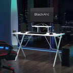 Bureau de jeu BlackArc avec plateau stratifié et cadre en acier - Porte-gobelet détachable, crochet pour casque et support pour smartphone/moniteur