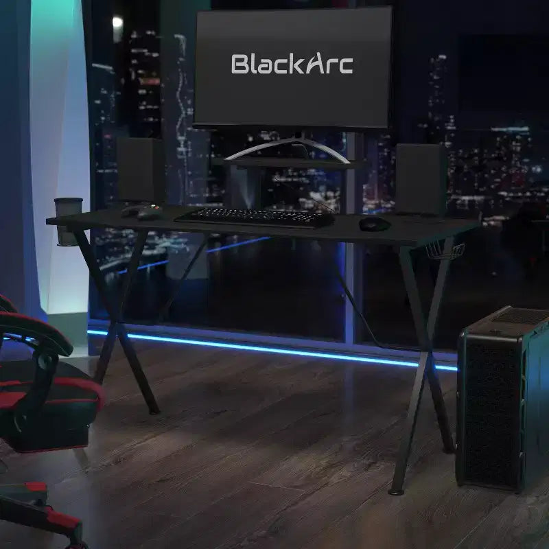 Bureau de jeu BlackArc avec plateau stratifié et cadre en acier - Porte-gobelet détachable, crochet pour casque et support pour smartphone/moniteur