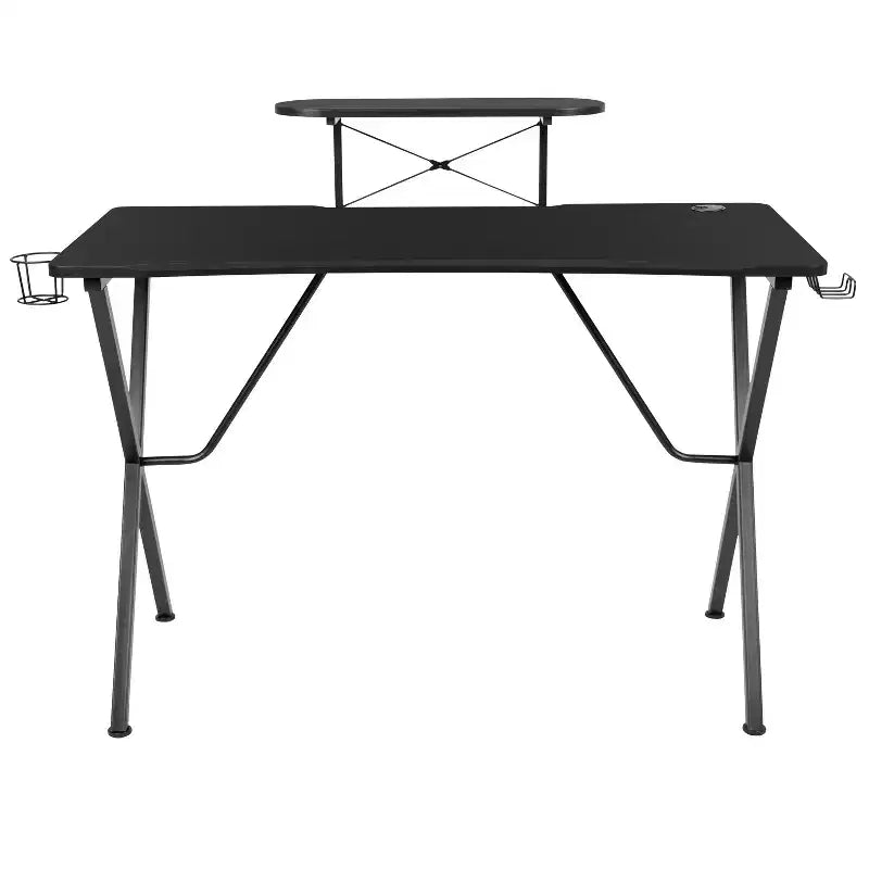 Bureau de jeu BlackArc avec plateau stratifié et cadre en acier - Porte-gobelet détachable, crochet pour casque et support pour smartphone/moniteur