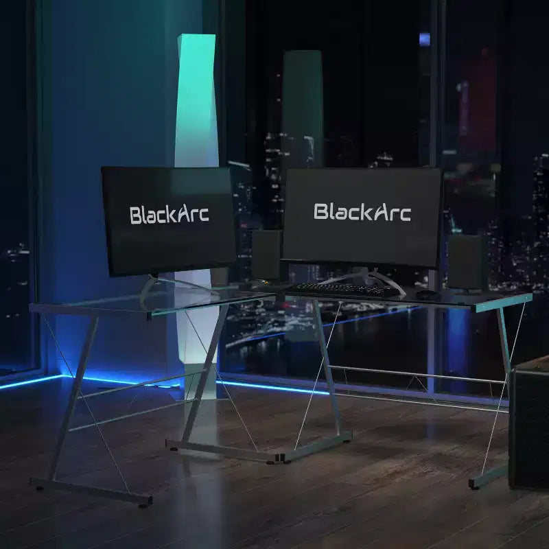 Bureau de jeu d'angle BlackArc avec plateau en verre trempé et cadre en acier thermolaqué