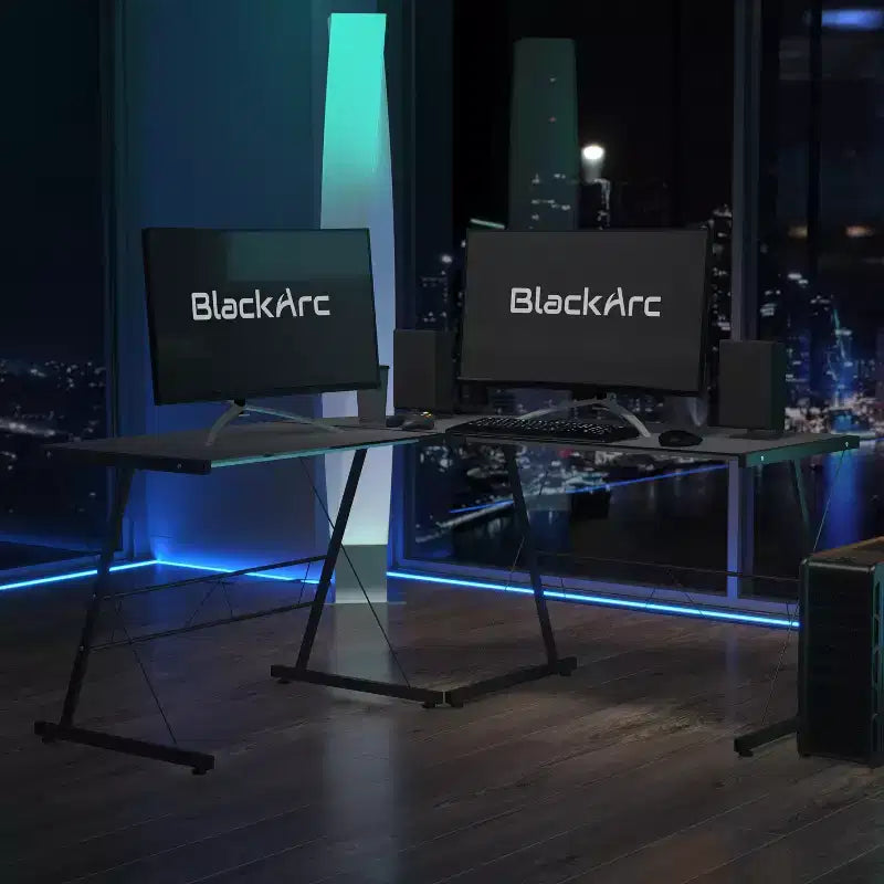 Bureau de jeu d'angle BlackArc avec plateau en verre trempé et cadre en acier thermolaqué