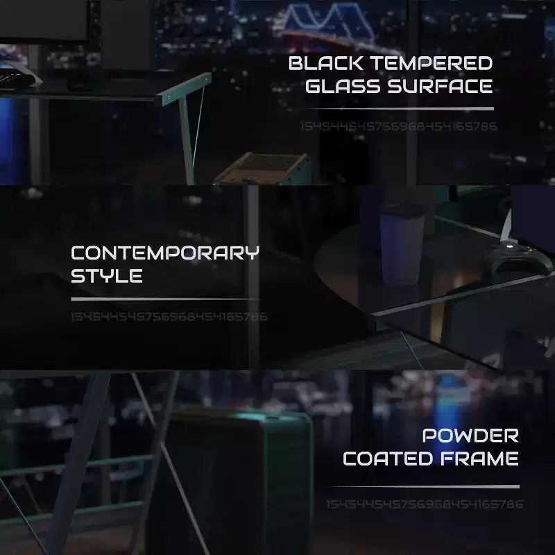 Bureau de jeu d'angle BlackArc avec plateau en verre trempé et cadre en acier thermolaqué