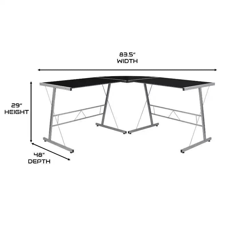 Bureau de jeu d'angle BlackArc avec plateau en verre trempé et cadre en acier thermolaqué