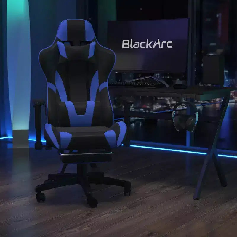Sedia gaming reclinabile BlackArc in similpelle – Braccioli girevoli regolabili in altezza, poggiapiedi estraibile, cuscini poggiatesta e lombare