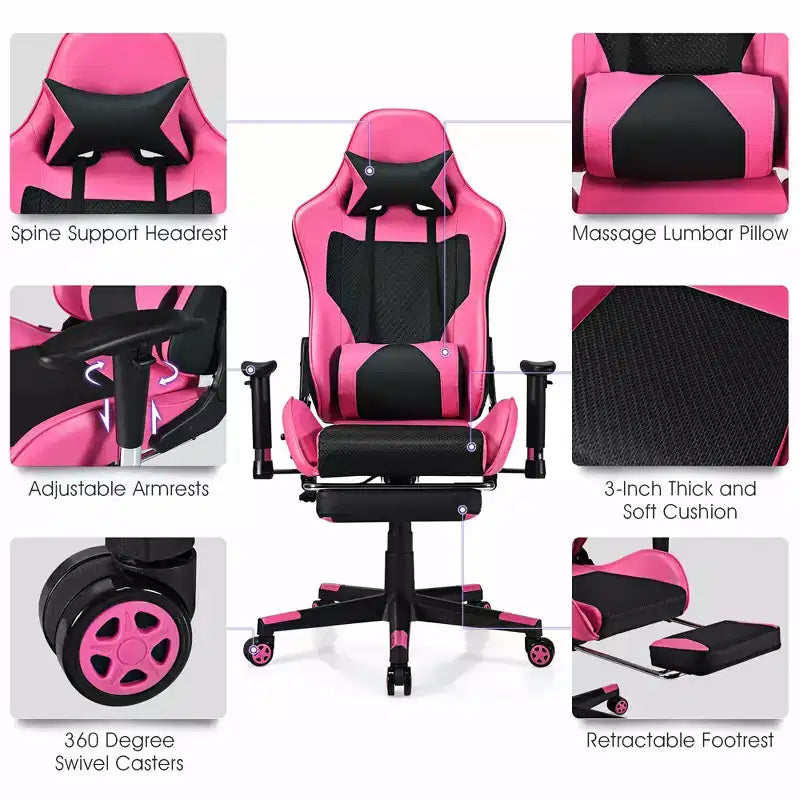 Sedia Gaming Massaggiante Costway, Poltrona da Ufficio Reclinabile con Poggiapiedi Bianca\Blu\Rosa\Rossa