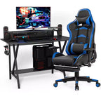 Costway Gaming Desk&Massage Gaming Chair Set w/ Footrest Monitor Shelf Power Strip Blue