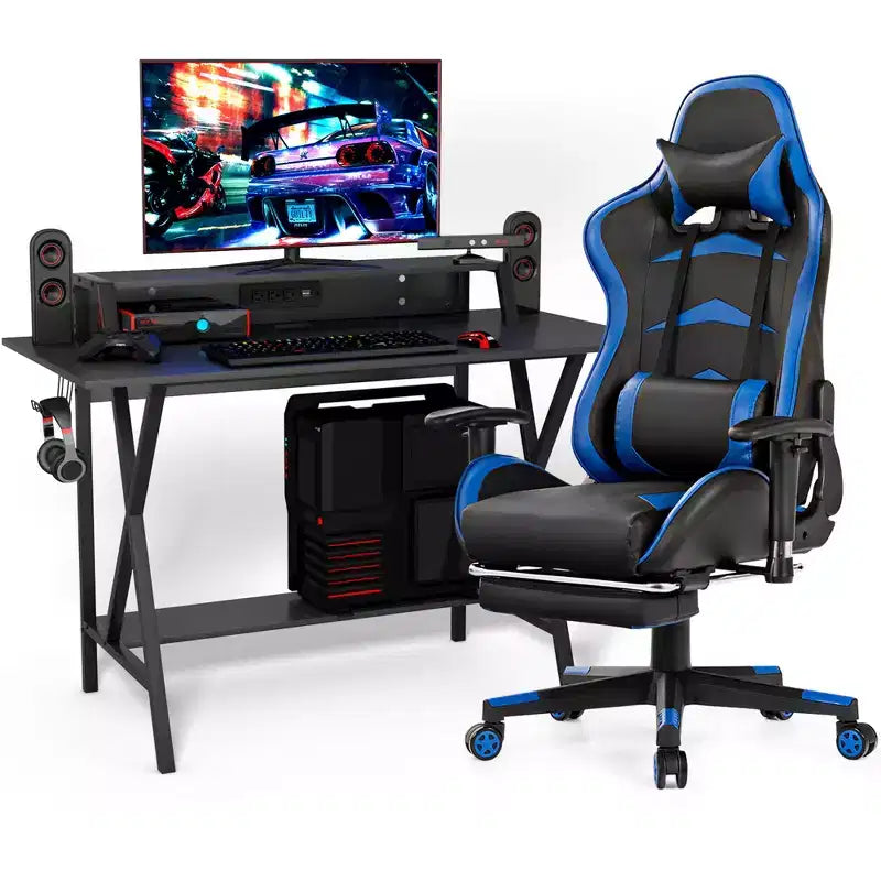 Costway Gaming Desk&Massage Gaming Chair Set w/ Footrest Monitor Shelf Power Strip Blue