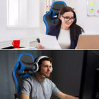 Ensemble Bureau Gamer Costway et Fauteuil de Jeu Massant avec Repose-pieds, Étagère de Moniteur, Multiprise, Bleu