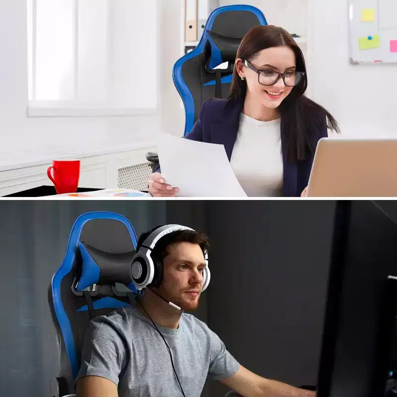 Ensemble Bureau Gamer Costway et Fauteuil de Jeu Massant avec Repose-pieds, Étagère de Moniteur, Multiprise, Bleu